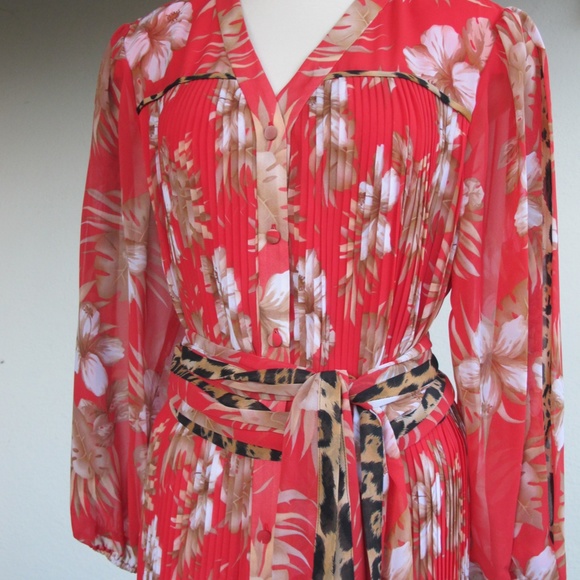 Diane Freis 2pc Skirt Top Georgette Dress w Scarf 8 10 12 Flower Leopard Pleats - Picture 10 of 14